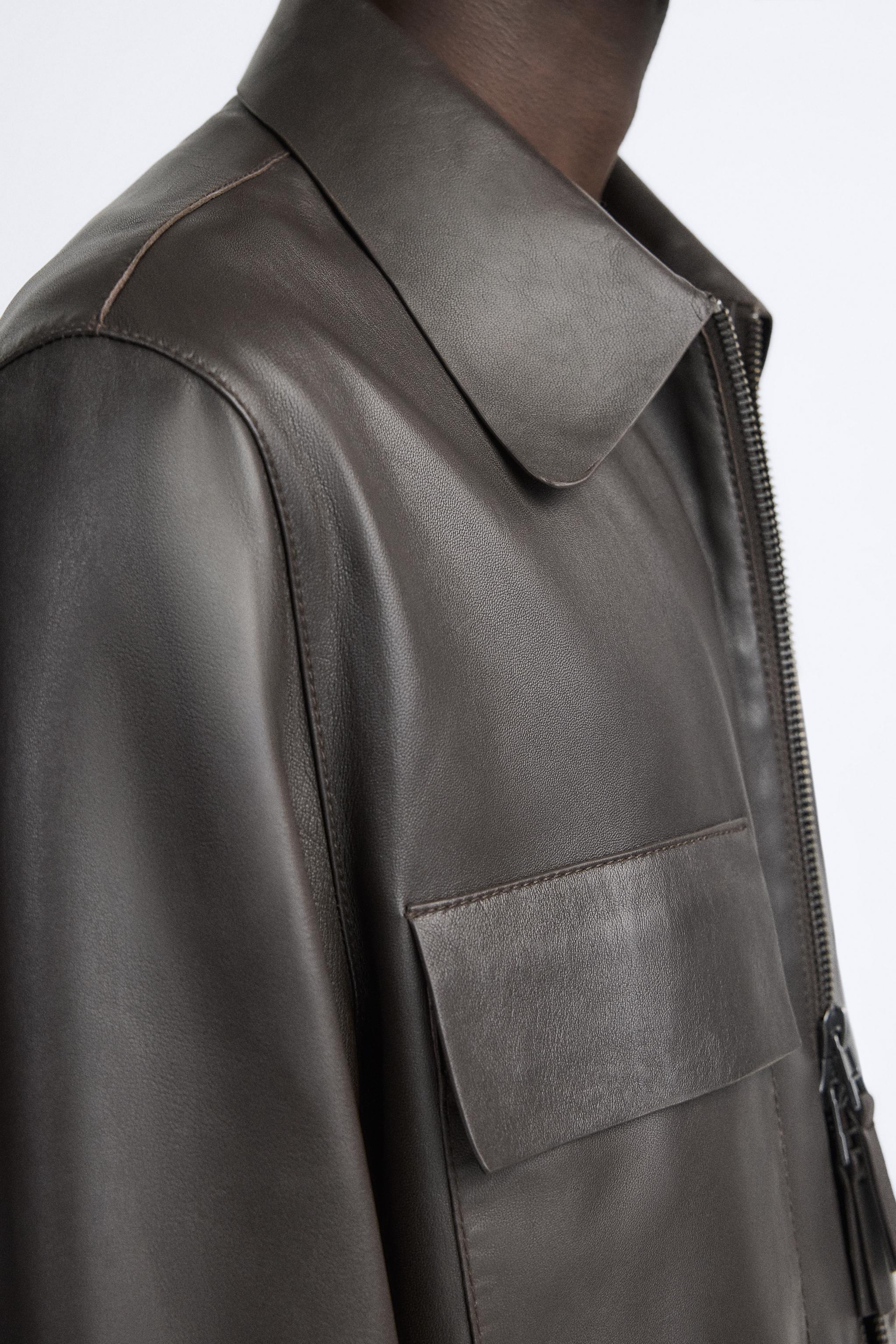 LEATHER JACKET WITH POCKETS - Dark brown | ZARA Spain