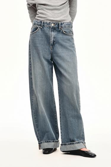 Zara TRF 中腰反褶寬鬆牛仔褲 - 藍色