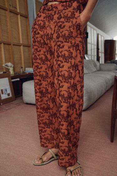 Zara EMBROIDERED STRAIGHT-LEG PANTS - Brick