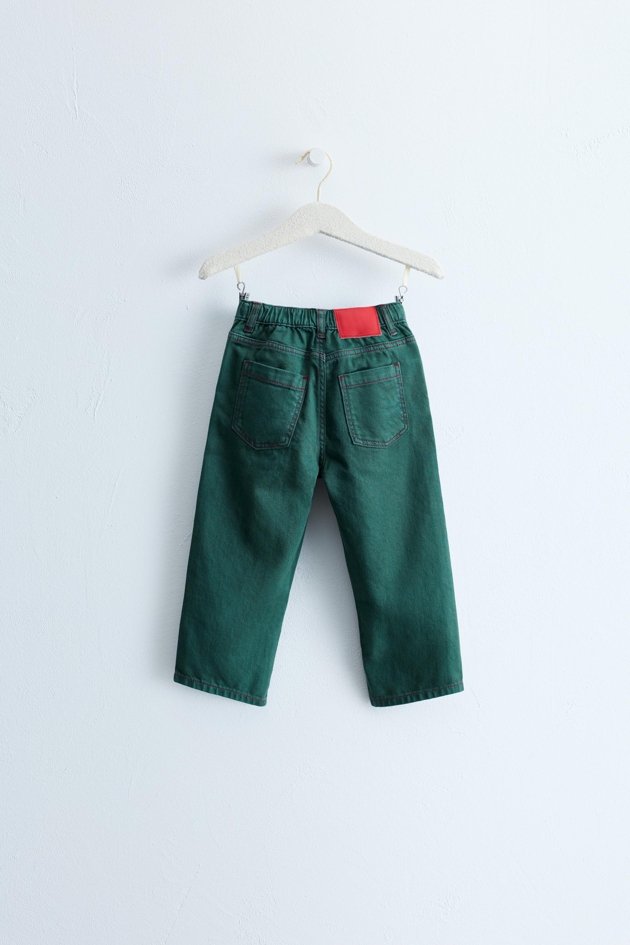 ZARA TIMELESS - CONTRAST STITCH STRAIGHT TWILL PANTS — Mid-green