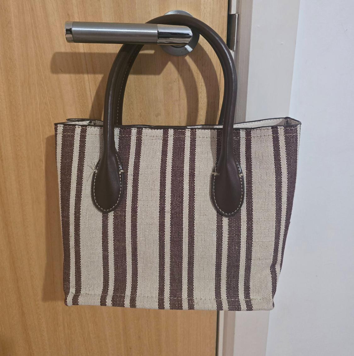BEIGE AND BROWN CANVAS STRIPED MINI TOTE BAG - Image 2