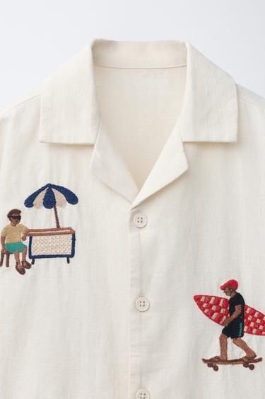 EMBROIDERED LINEN BLEND BOWLING SHIRT - Ecru by Zara - Image 2