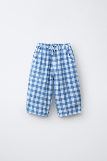 Zara GINGHAM TEXTURED PANTS - Ecru / Blue