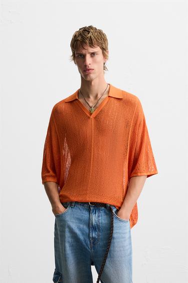 POLO VAN GEBREIDE OPENGewerkTE STOF - Oranje van Zara