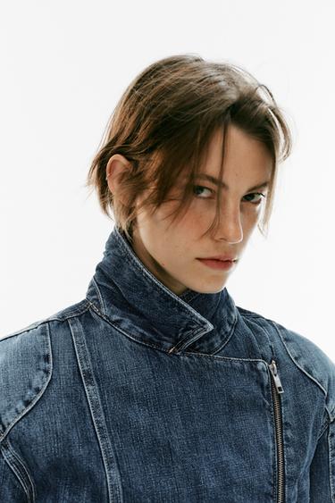 TRF DENIM BIKER JACKET WITH BELT — Blue 2