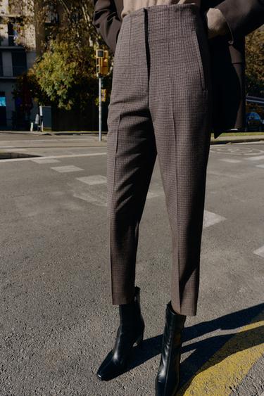 Zara HIGH-WAISTED PLAID PANTS - Brown