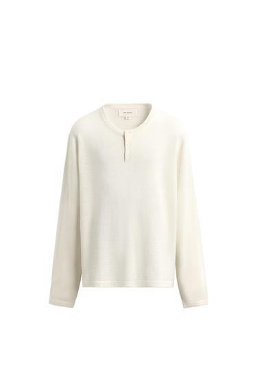 Zara LINEN-WOOL BLEND HENLEY JUMPER - Ecru