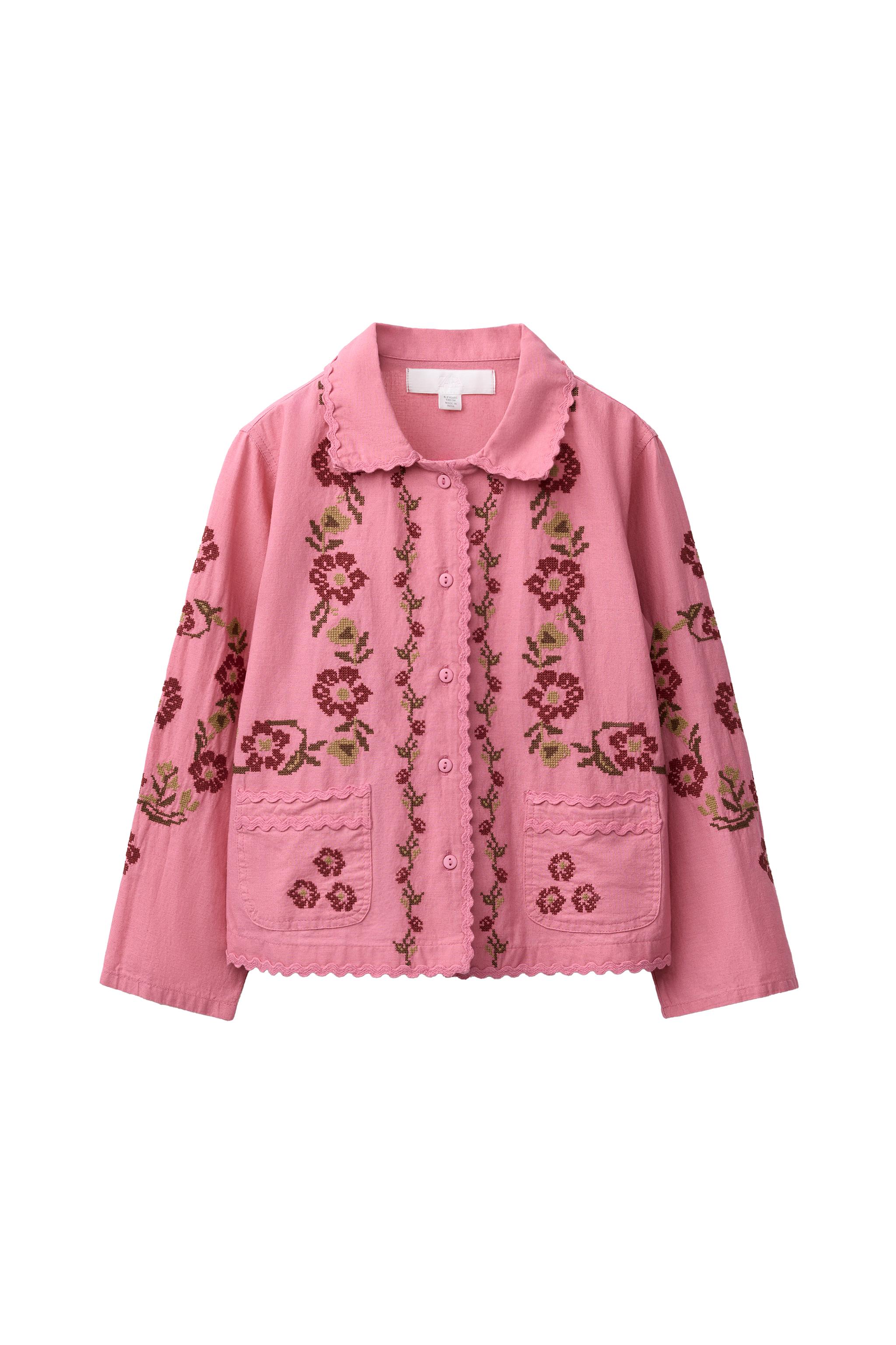 COTTON LINEN BLEND CROSS STITCH EMBROIDERED OVERSHIRT - Chalk pink