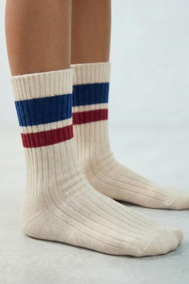 LONG STRIPED SOCKS - Ecru / Blue by Zara