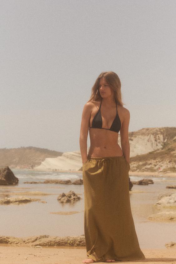 JUPE MIDI EFFET PLISSÉ - Vert olive de Zara - Image 0