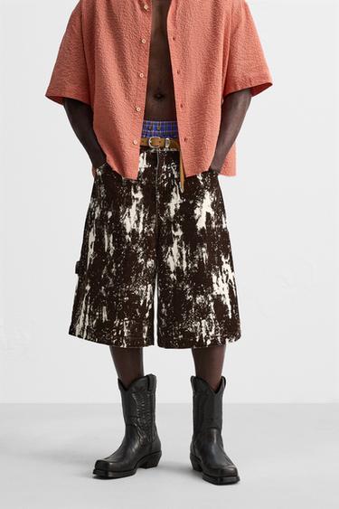 Zara 紋理印花牛仔短褲 - 棕色