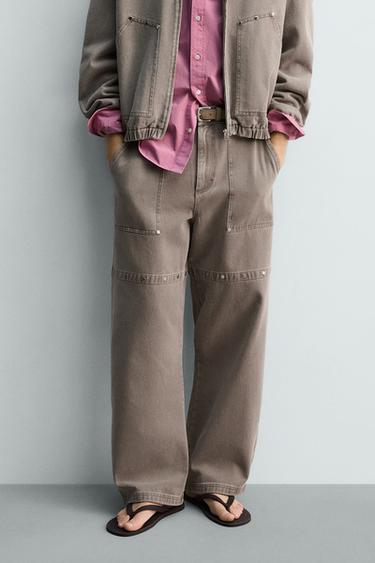 Zara LIMITED EDITION RELAXED FIT STUDDED PANTS - Sand / Marl