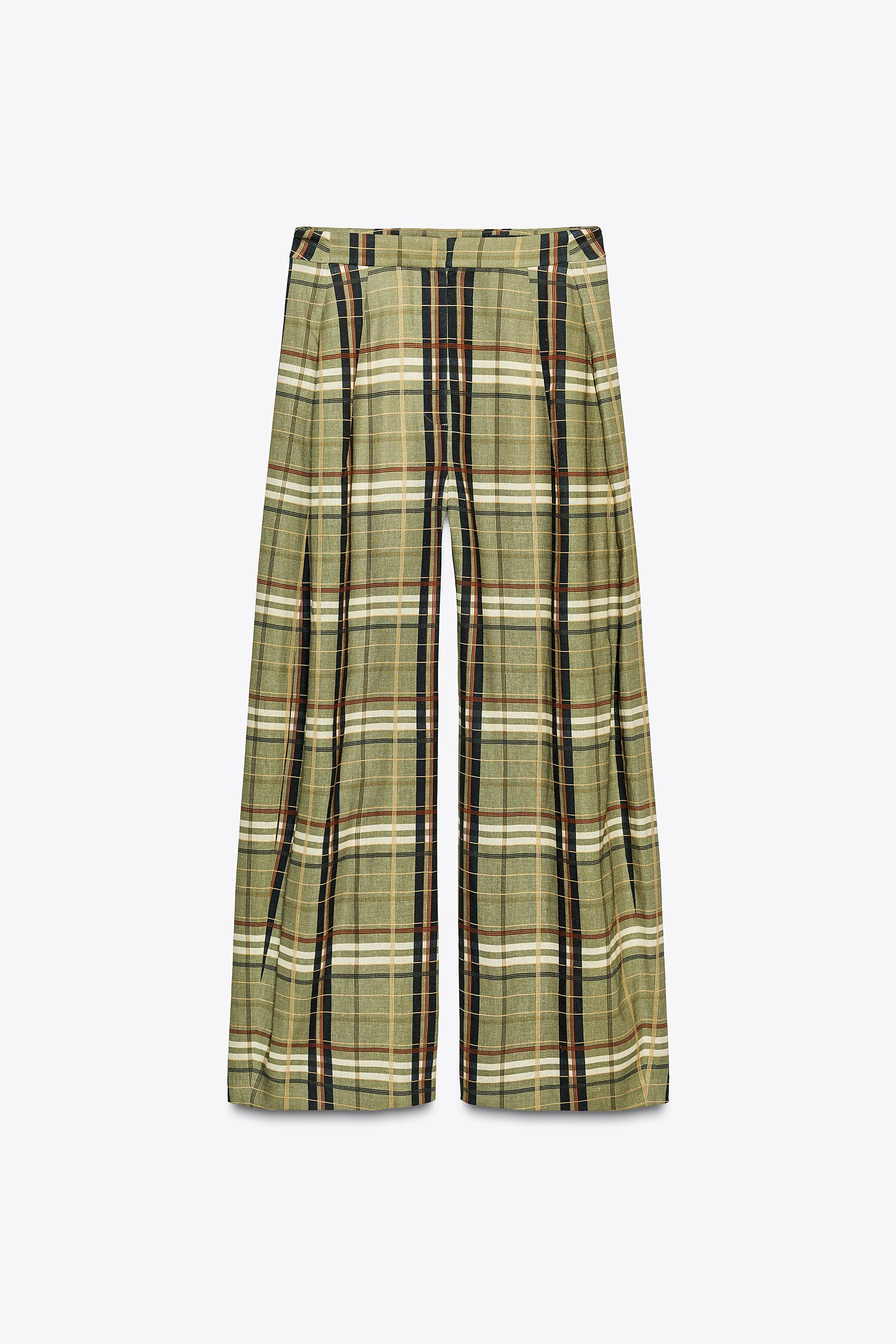 ZW COLLECTION LINEN CHECKERED PANTS - Green | ZARA United States