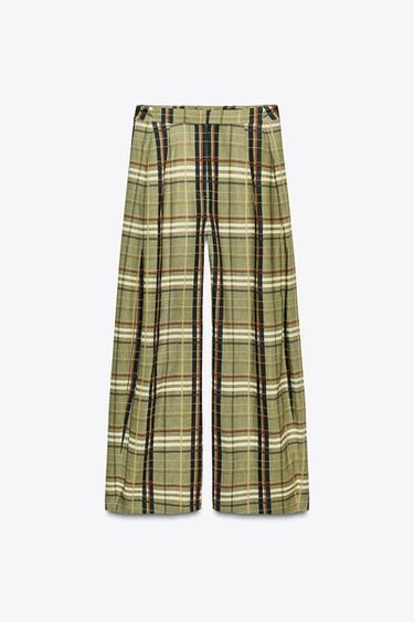 Zara ZW COLLECTION LINEN CHECKERED PANTS - Green