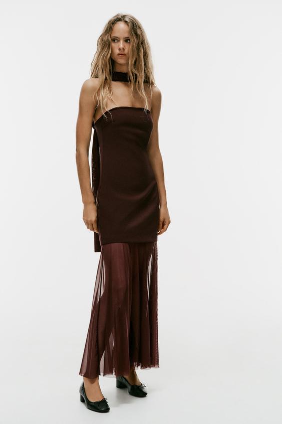 فستان طويل ممزوج بوشاح - عنابي داكن by Zara - Image 0