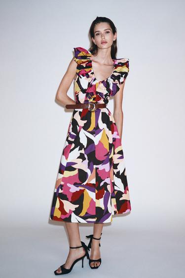 Zara PRINTED POPLIN MIDI DRESS - Multicolored