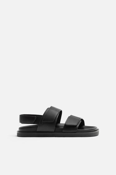 Zara LEATHER DOUBLE STRAP SANDALS - Black
