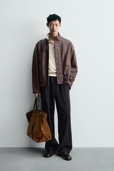 Zara 紋理仿皮外套 - 絳紅色