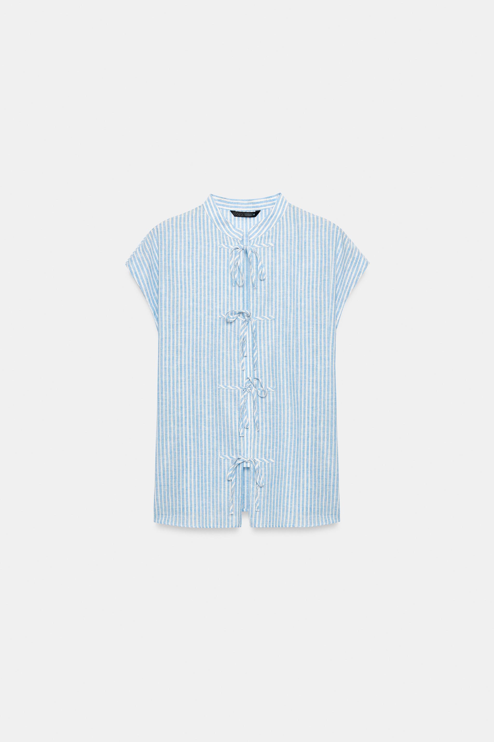 Женские блузки Zara METALLIC THREAD STRIPED TIE BLOUSE — фото 6