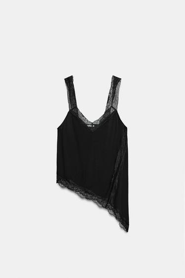 Zara ASYMMETRIC RUSTIC LACE TOP - Black
