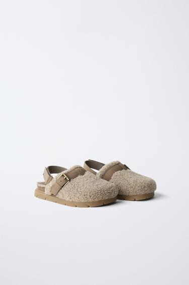 FAUX SHEARLING CLOGS - Mink Grey by Zara