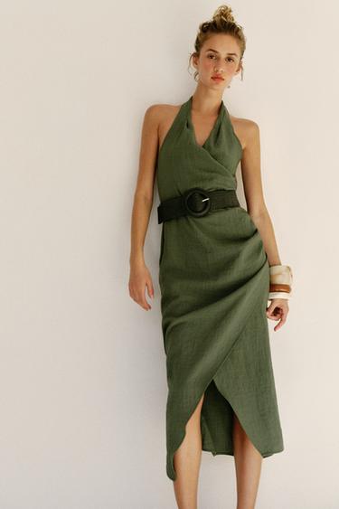 MIDI LINEN BLEND DRESS WITH BELT - Dark khaki by Zara - Image 1