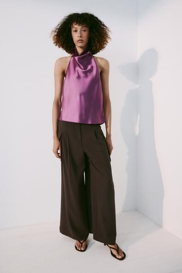 Zara SATIN HALTER TOP - Light Gray