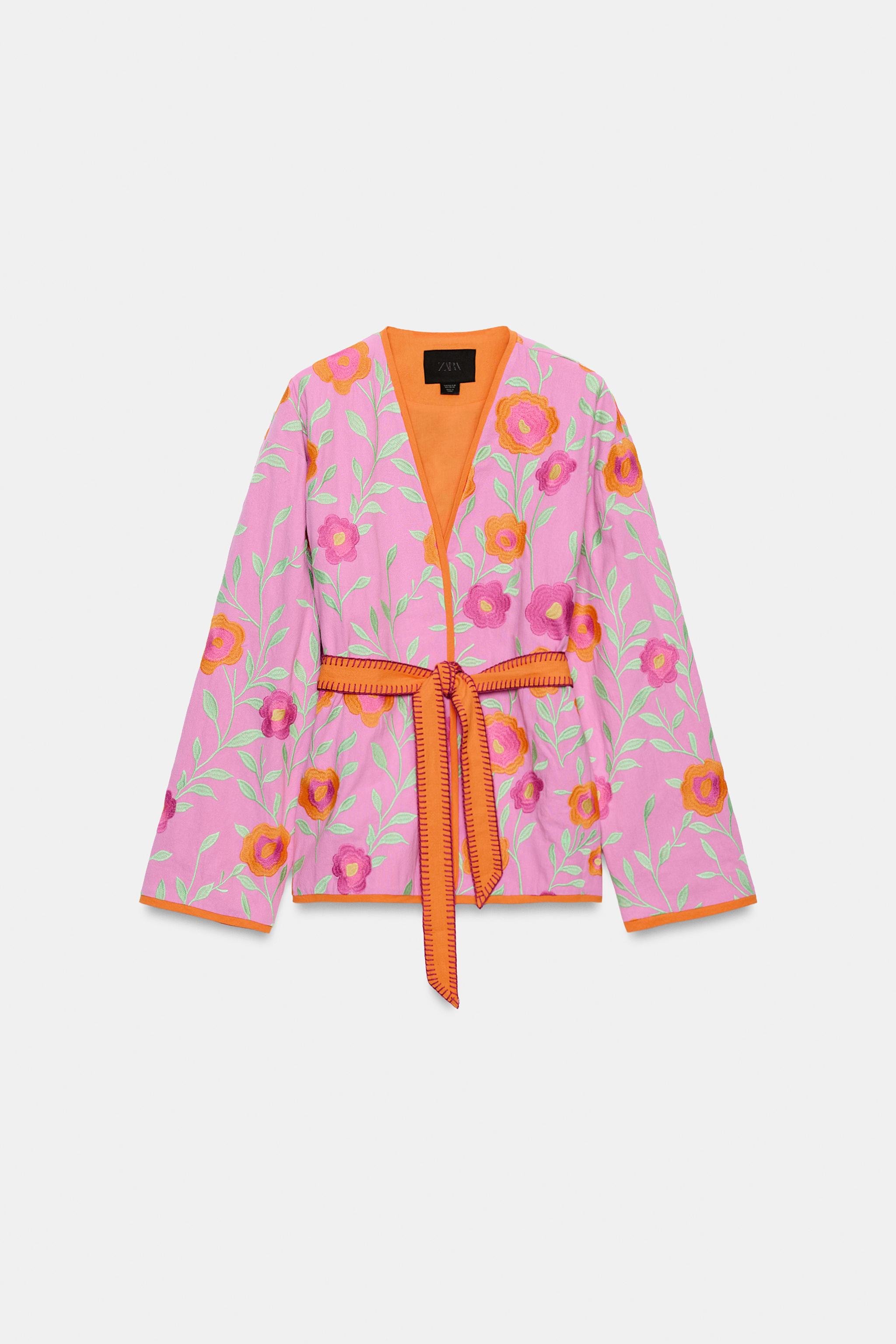 Женские топы Zara FLORAL EMBROIDERED BELTED KIMONO — фото 5