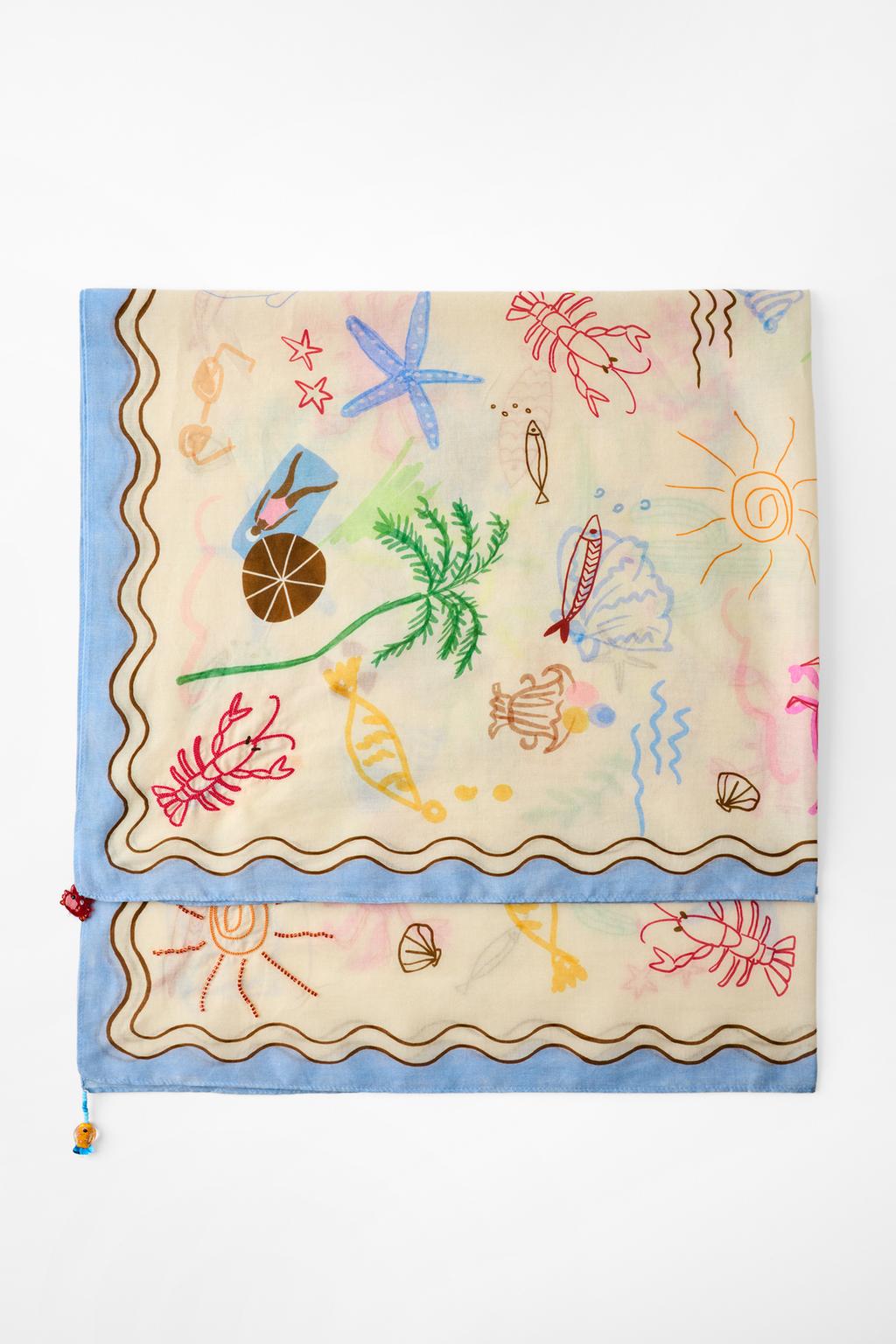 CRAB AND FISH PRINT SCARF