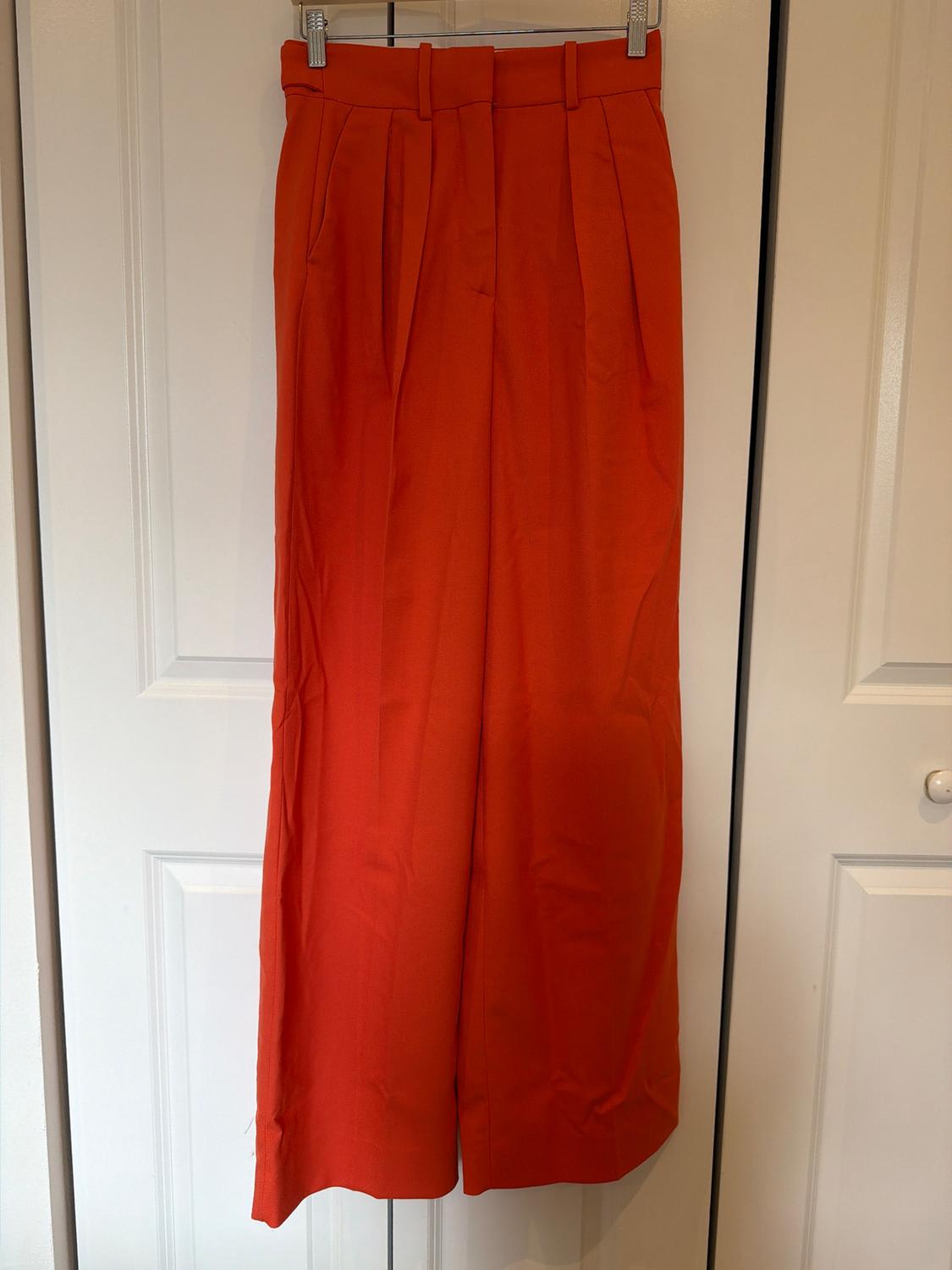 Bright orange wide-leg trousers with pleats, hanging on a metal hanger in front of a white door.