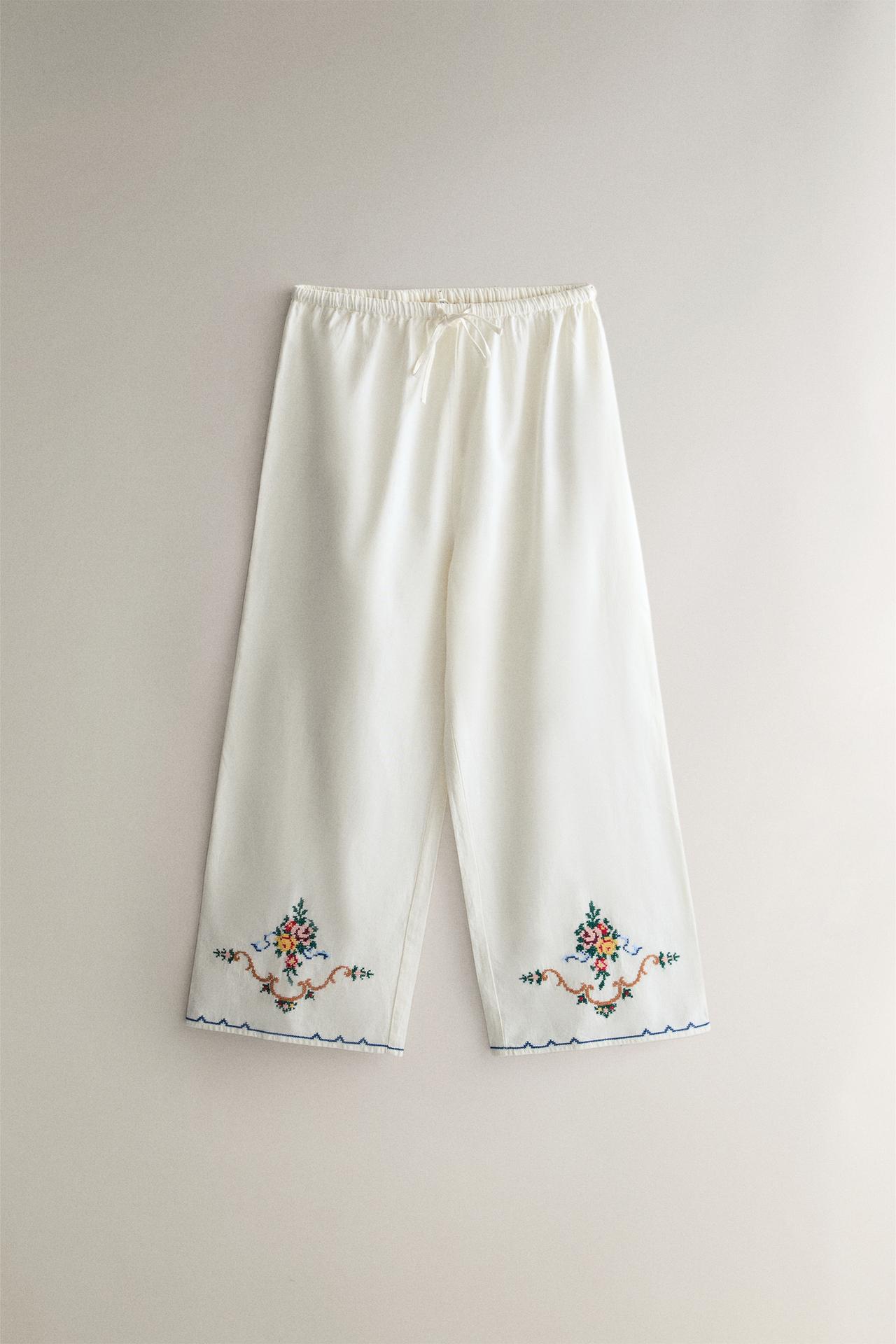 COTTON AND LINEN EMBROIDERED TROUSERS — White