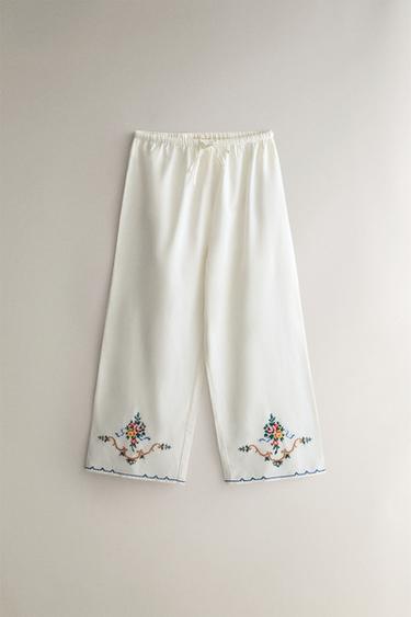 Zara EMBROIDERED COTTON-LINEN TROUSERS - White - Image 0