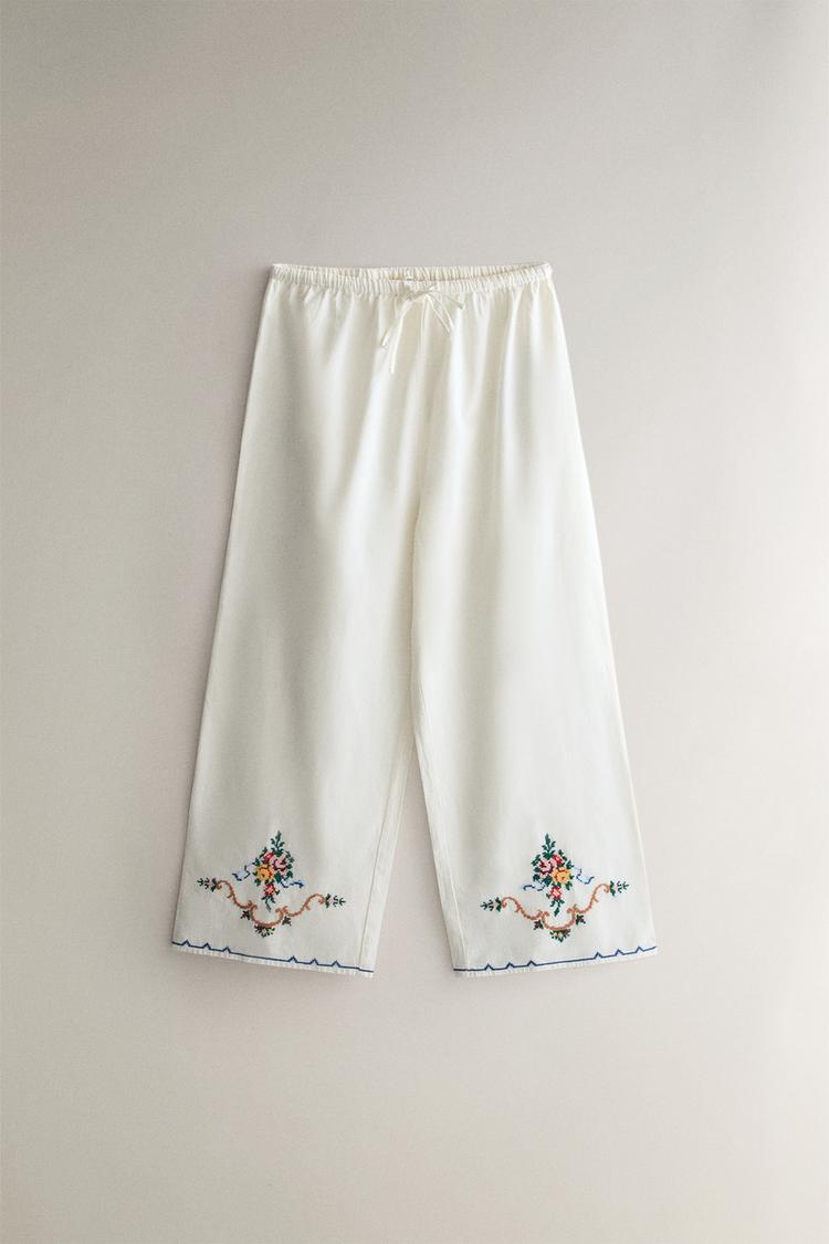 EMBROIDERED LINEN-COTTON BLEND TROUSERS — White