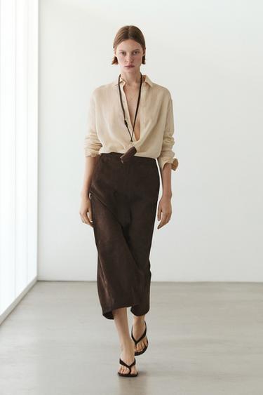 Zara Straight nubuck leather midi skirt - Brown