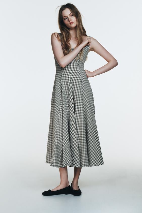 Zara - Gingham Midi Dress - White / Green - S - Woman Zara - Gingham Midi Dress - White / Green - S - Woman