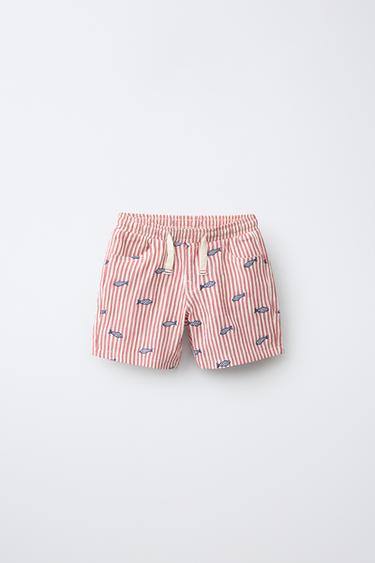 SHORT SEERSUCKER RAYURES BRODERIE POISSONS - Blanc / Rouge de Zara