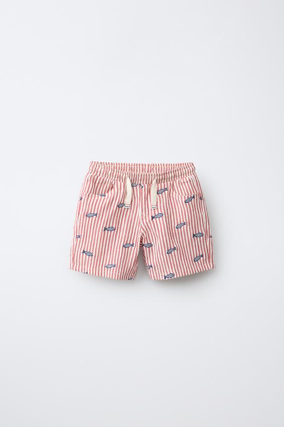 SEERSUCKER STRIPED BERMUDA SHORTS WITH FISH EMBROIDERY - White / Red by Zara - Image 0