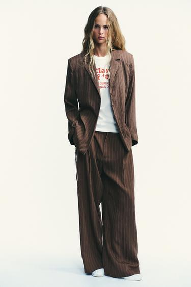 Zara DOUBLE PLEAT FLAP PANTS - Brown / Ecru
