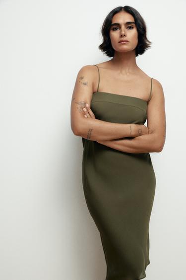 100% SILK STRAPPY MIDI DRESS - Green by Zara - Image 1