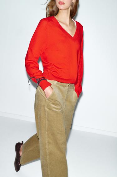 WOOL BLEND V-NECK JUMPER - Red / Coral by Zara - Image 2