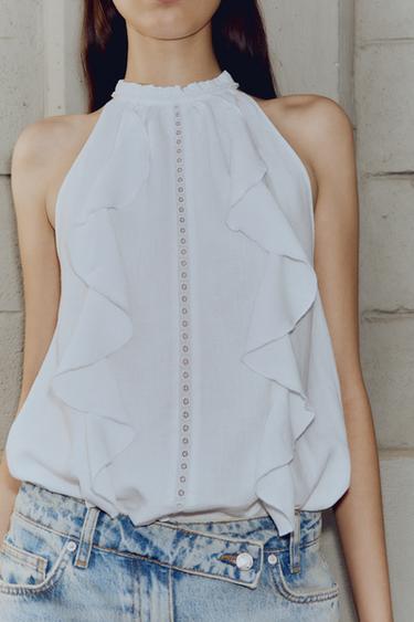 Zara RAMIE RUFFLE HALTER TOP - White