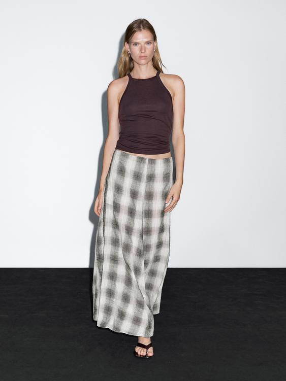 Long flared check skirt