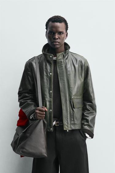 Zara LEATHER POCKET JACKET - Dark green