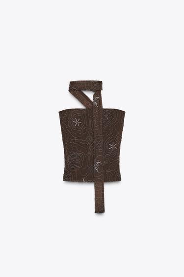 BEADED FOULARD TOP - Chocolate by Zara