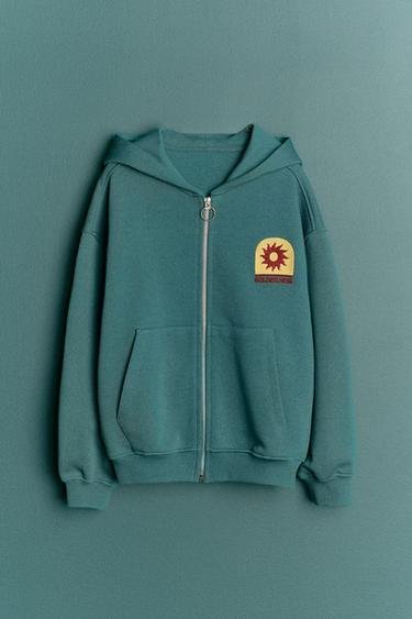 Zara EMBROIDERED ZIP SWEATSHIRT - Green / Blue