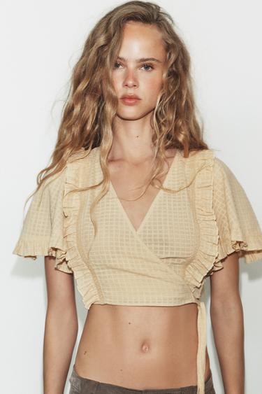 Zara STRUCTURED WRAP CROP TOP - Mid-camel