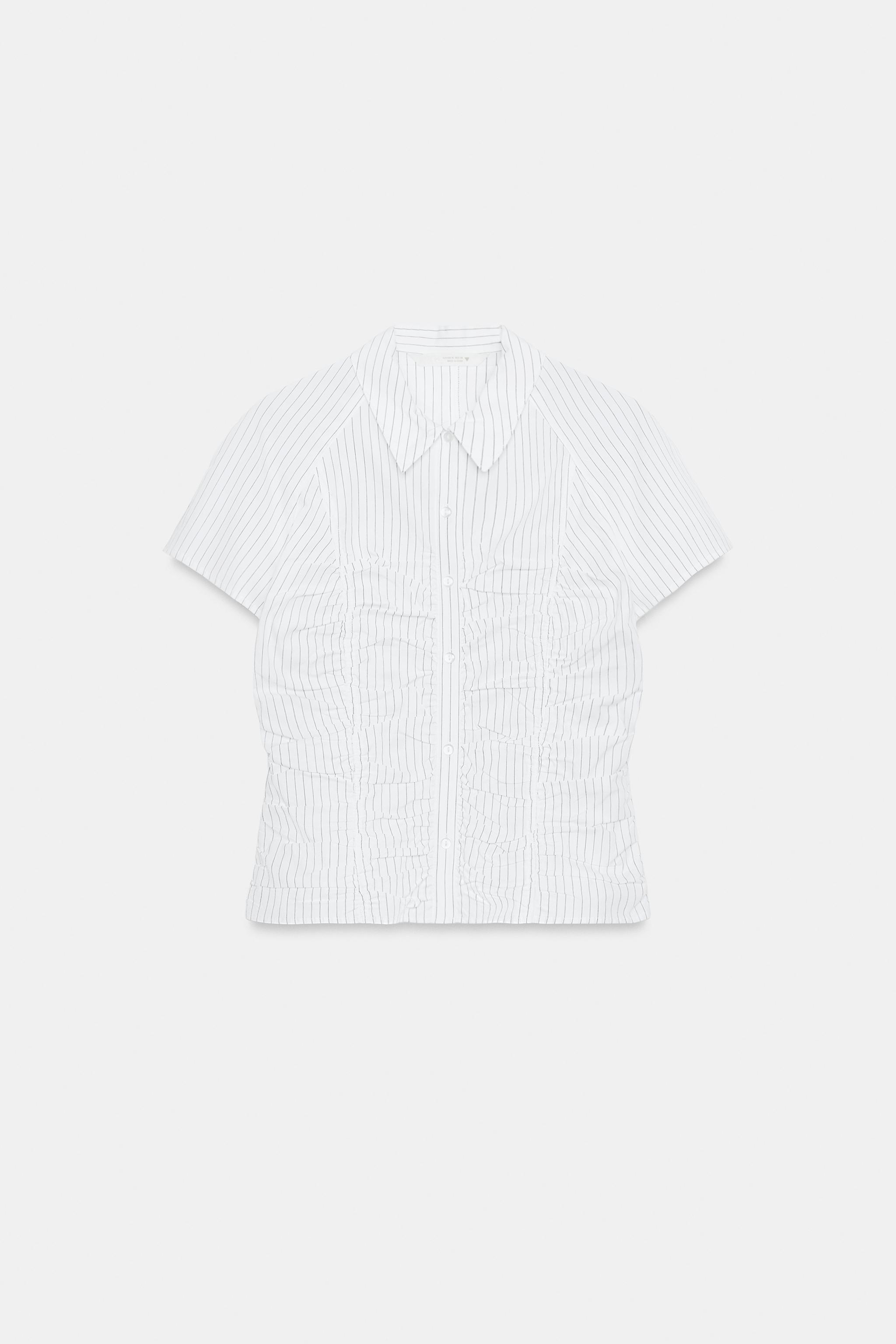 ストライプ柄ギャザー入りポプリンシャツ - ホワイト/ブラック | ZARA