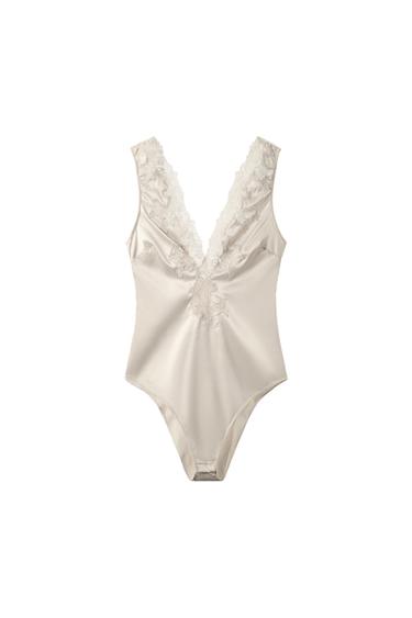 BODY SATINÉ EN DENTELLE ZW COLLECTION - Blanc cassé de Zara