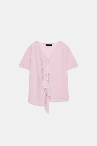 Zara RUFFLED KNIT TOP - Pale pink