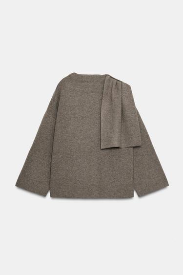 MANTEAU COURT EN MAILLE AVEC ÉCHARPE - Marron / Taupe de Zara - Image 5